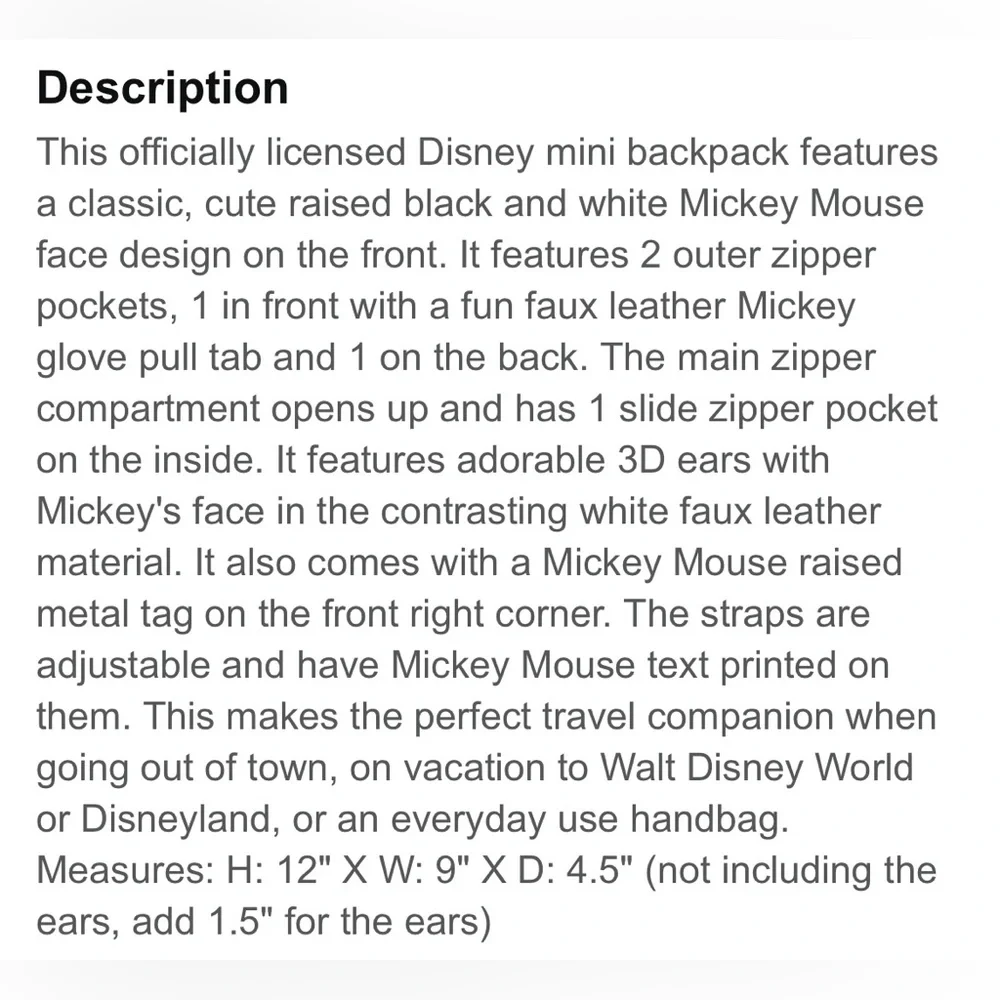 Disney Mickey Mouse 3D Character Ears Faux Leather Mini Backpack Purse